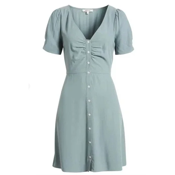 Madewell V-Neck Button-Front Mini Dress in Faded River Blue, Size 8 US, NWT - Picture 1 of 11